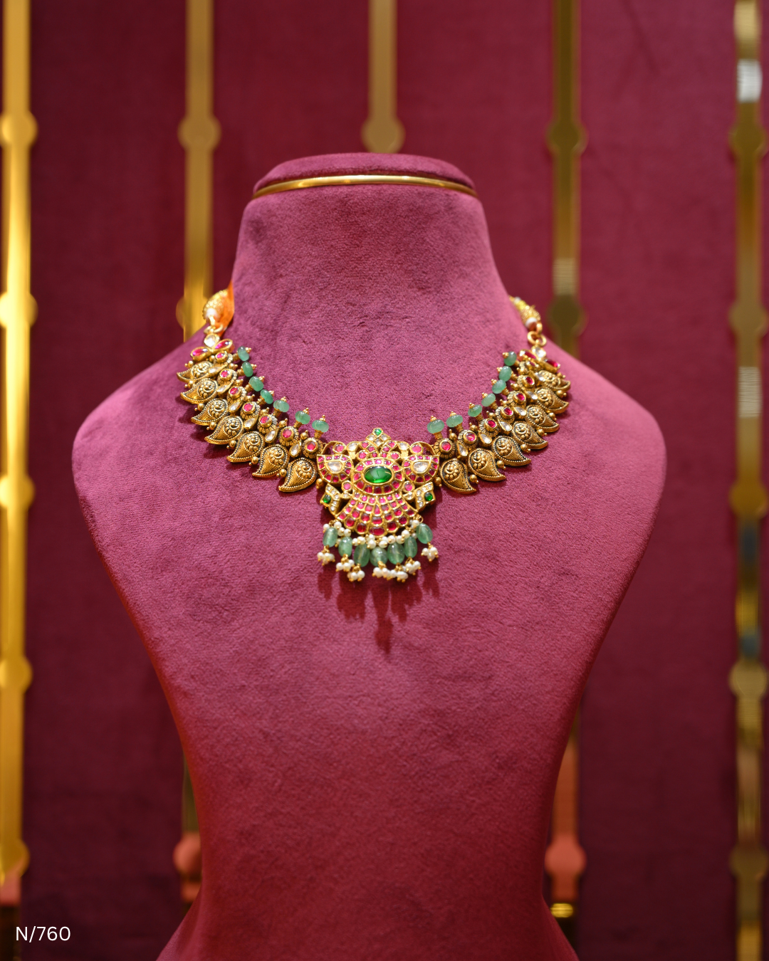 Antique Gold Temple Mango, Ruby & Emerald Choker Necklace | SKU: N/760