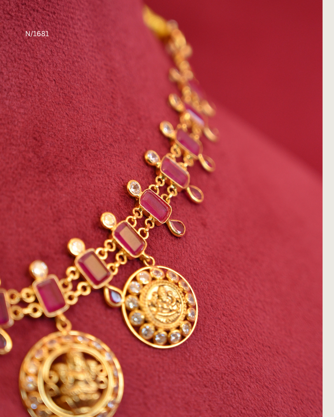 Goddess Lakshmi Circular Medallion Kasu Mala Necklace with Rectangular Rubies & CZ Polki Halos | SKU: N/1681