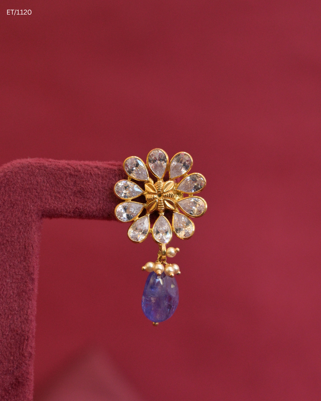 CZ Polki Floral Cluster & Blue Sapphire Teardrop Dangle Earrings | SKU: ET/1120