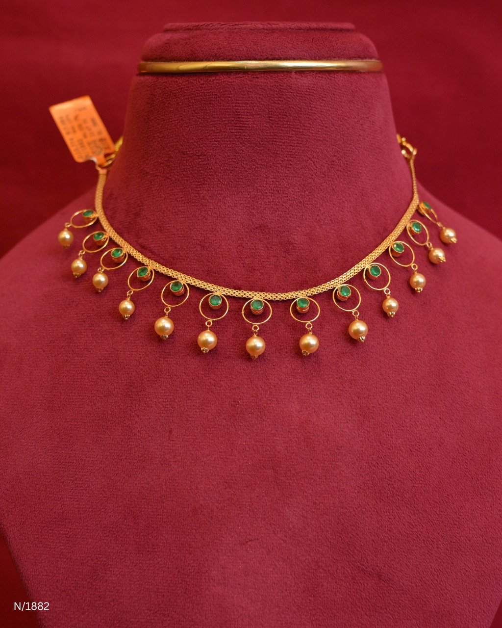 Minimalist Mesh Choker Necklace with Ruby Stations & Pearl Drops | SKU: N/1882