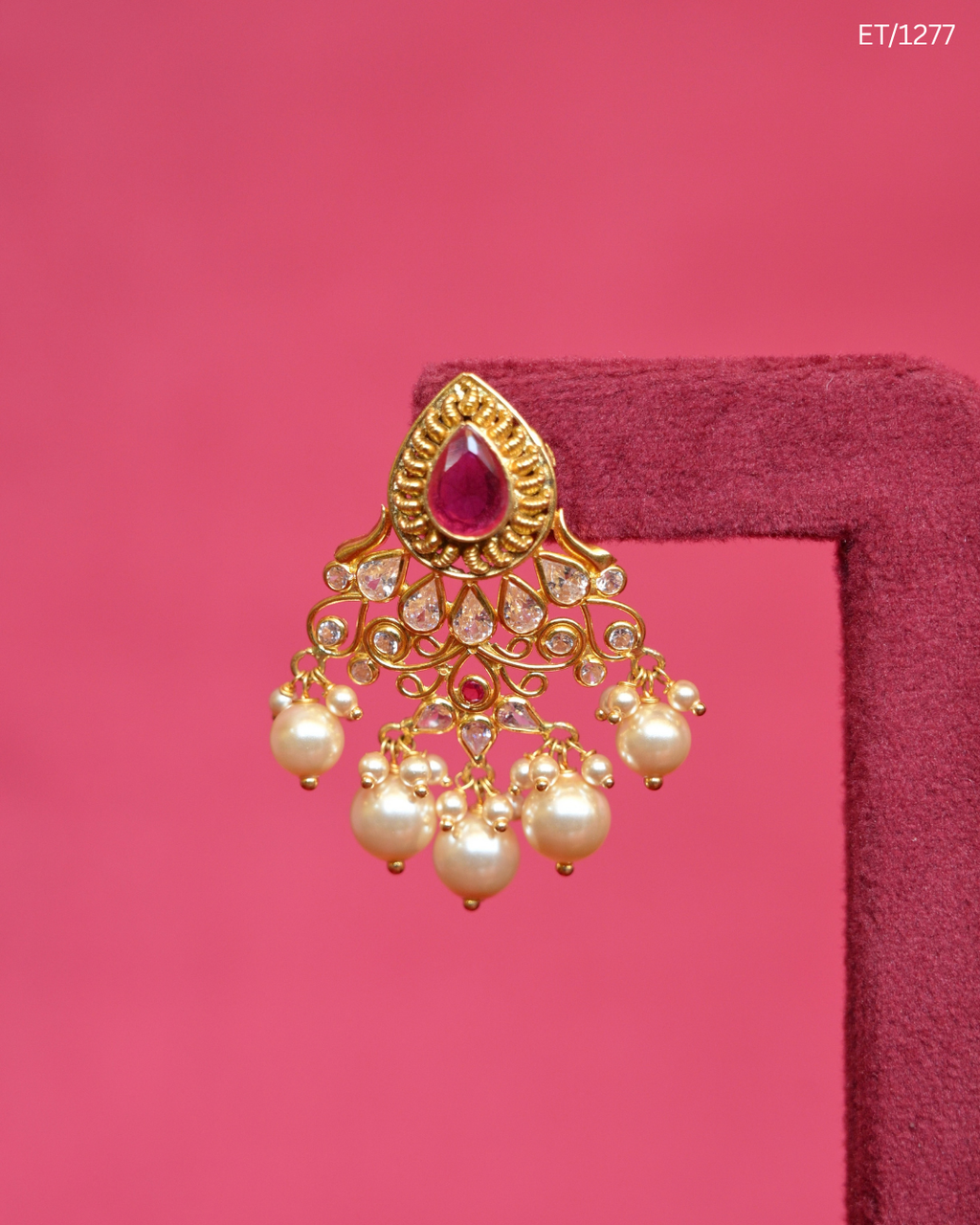 Gold Ruby Polki & Pearl Cluster Drop Earrings | SKU: ET/1277