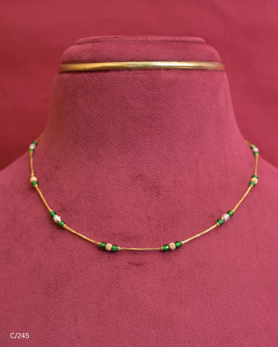 Chain Necklace with Green Gemstone Beads & Gold Spheres |SKU: C/245