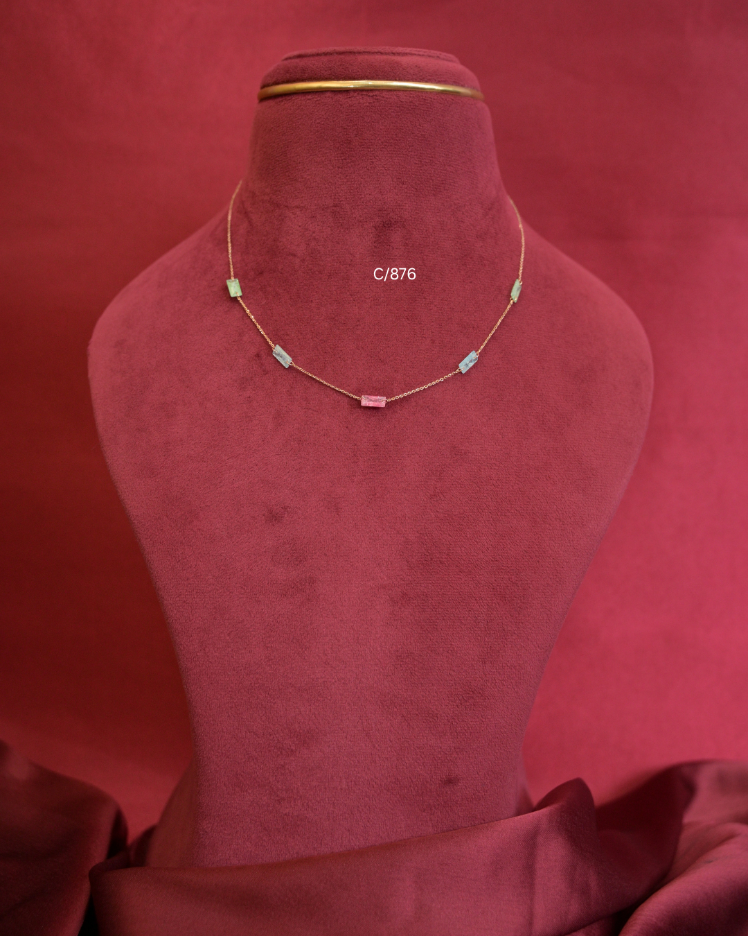 Multi-Color Pastel Baguette Gemstone Station Necklace |SKU: C/876