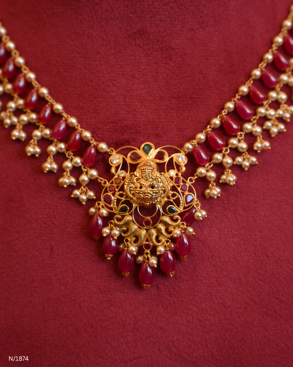 Traditional Goddess Lakshmi Temple Choker with Ruby Beads & Pearl Clusters | SKU: N/1874
