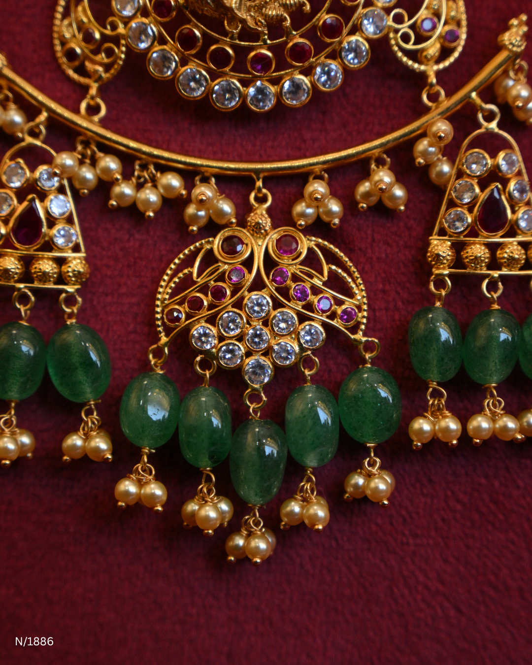 Grand Peacock Nakshi Temple Haram with Multi-Strand Pearls & Emerald Tassels | SKU: N/1886
