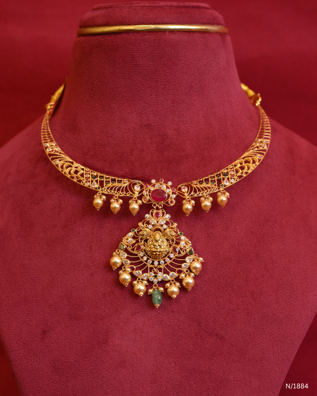 Goddess Lakshmi & Peacock Openwork Temple Choker Necklace with Pearl Bead Drops | SKU: N/1884