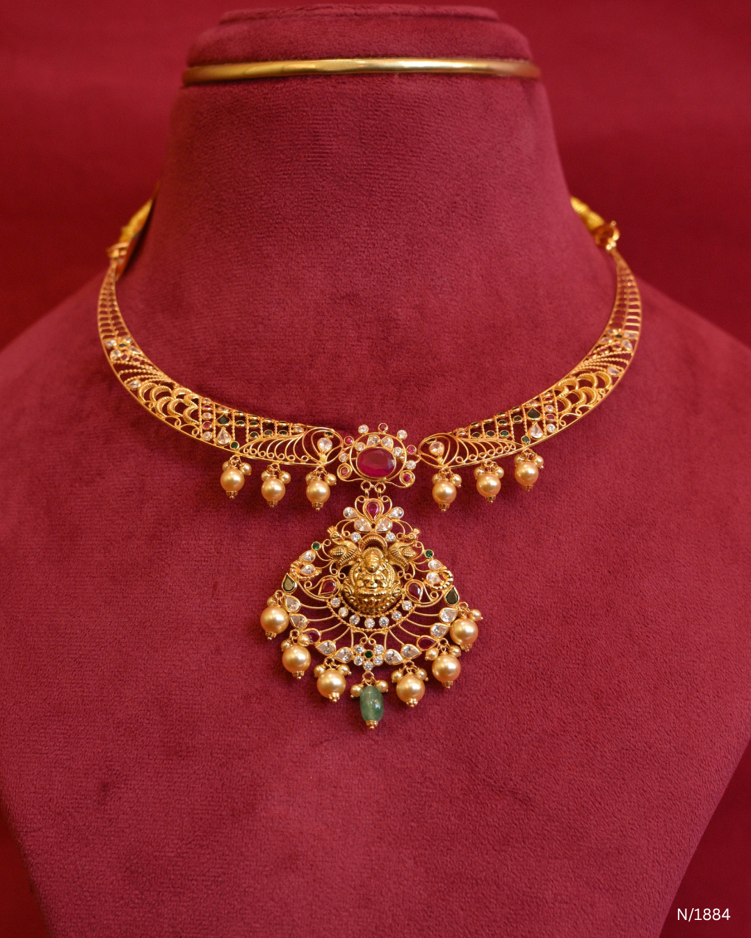 Goddess Lakshmi & Peacock Openwork Temple Choker Necklace with Pearl Bead Drops | SKU: N/1884