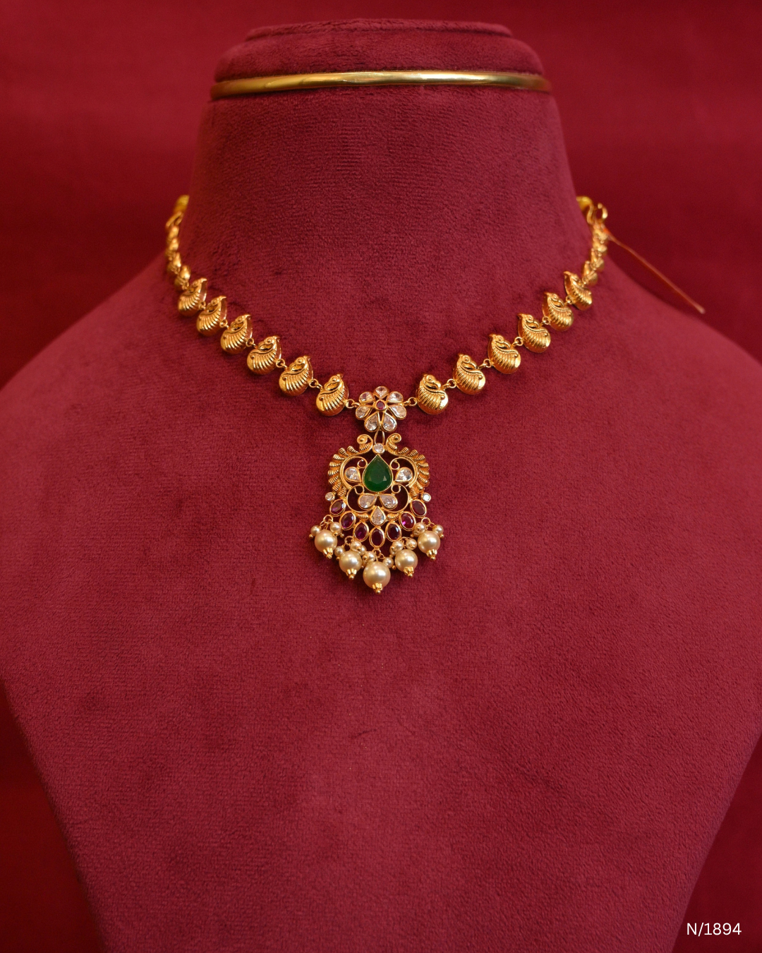 Traditional Peacock Motif Temple Necklace with Emerald, Ruby & Pearl Drops | SKU: N/1894