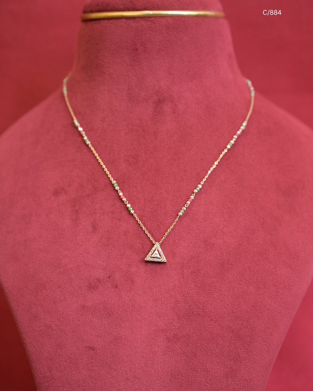 Green & Pearl Beaded Station Necklace with Initial "A" Pave CZ Triangular Pendant | SKU: C/884