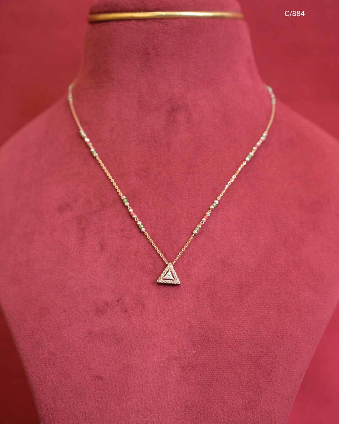 Green & Pearl Beaded Station Necklace with Initial "A" Pave CZ Triangular Pendant | SKU: C/884