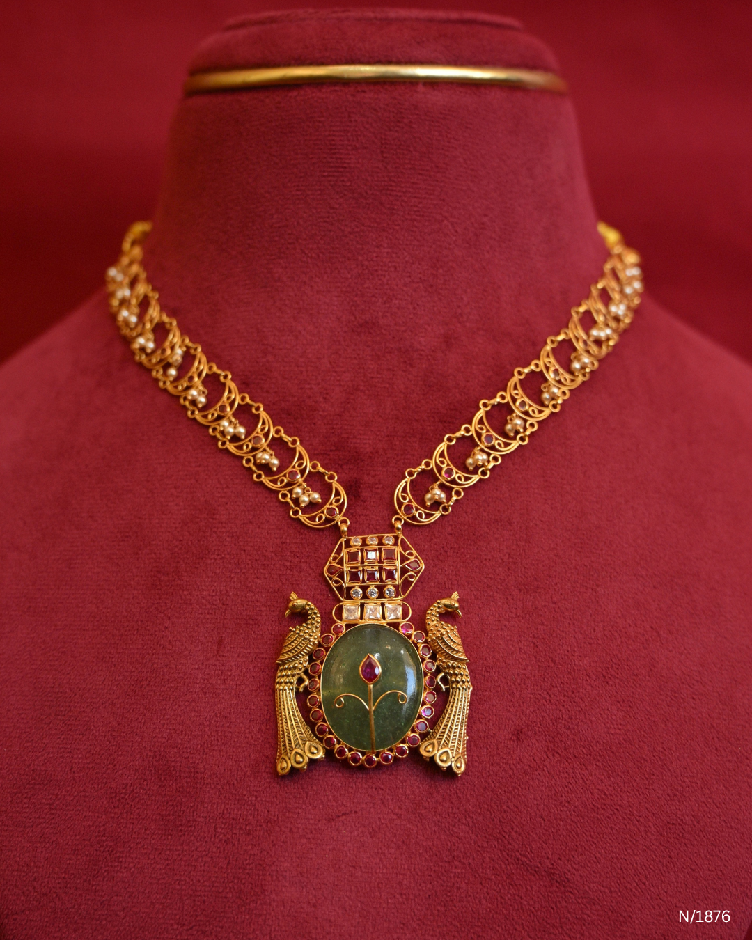 Traditional Twin Peacock Oval Emerald Pendant Temple Necklace with CZ Polki Geometry | SKU: N/1876