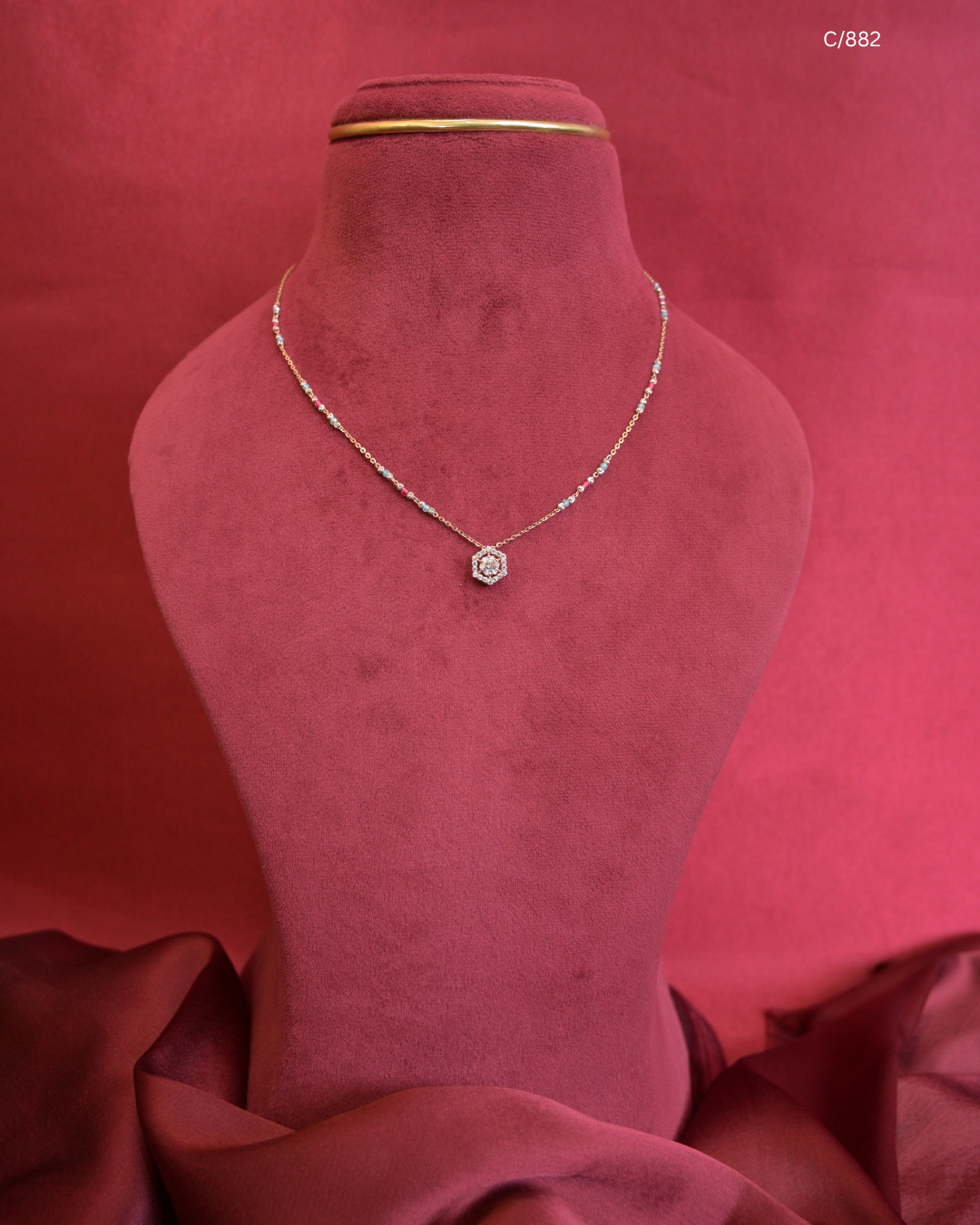 Gold Light Blue & Pearl Beaded Station Necklace with Hexagonal Pave CZ Halo Pendant | SKU: C/882