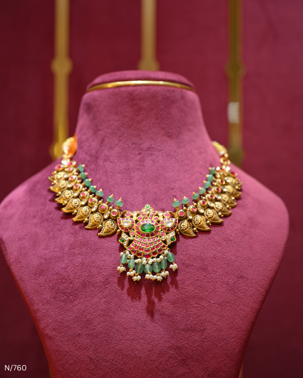 Antique Gold Temple Mango, Ruby & Emerald Choker Necklace | SKU: N/760