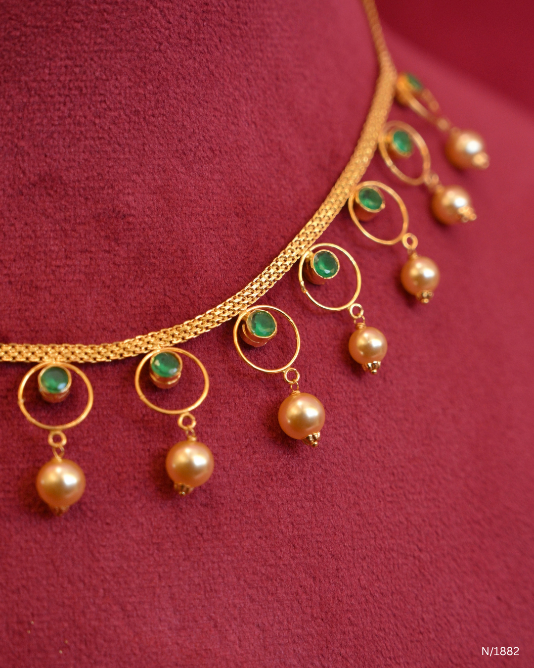 Minimalist Mesh Choker Necklace with Ruby Stations & Pearl Drops | SKU: N/1882