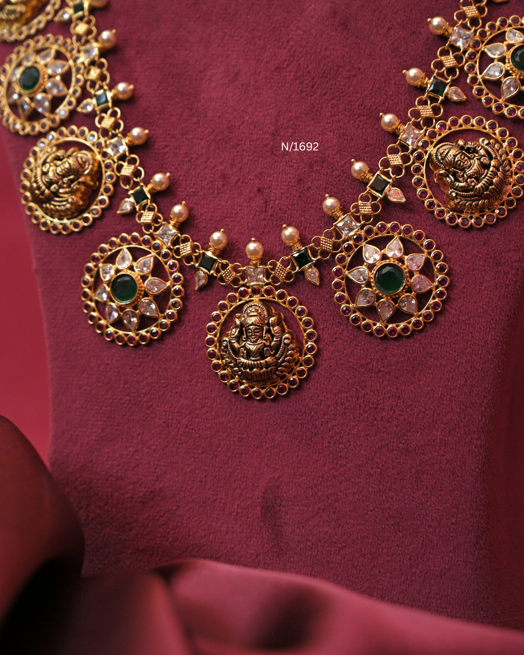Goddess Lakshmi Nakshi Medallion Long Haram with Emeralds, Rubies & CZ Polki | SKU: N/1692