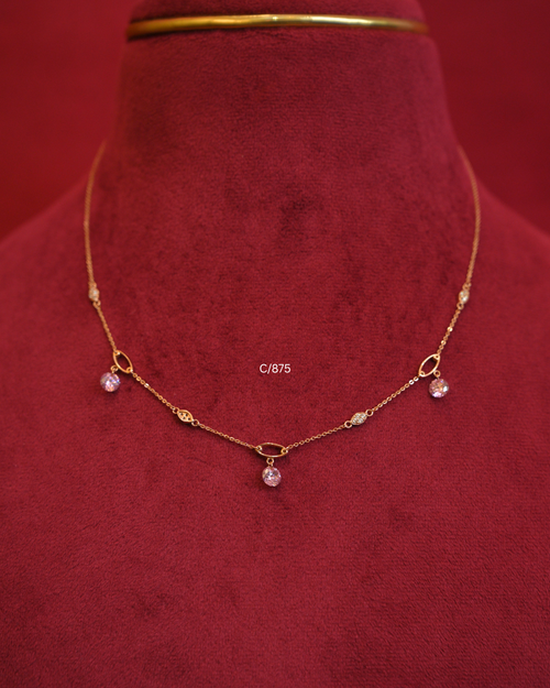 18kt Gold Pink Gemstone & CZ Oval Station Drop Necklace |SKU: C/875