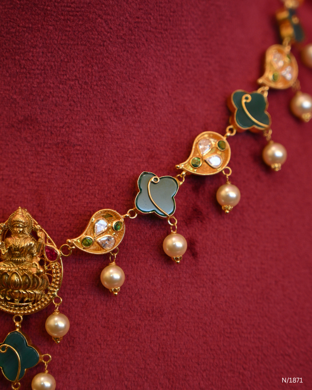 Goddess Lakshmi Temple Necklace with Green Enamel Mango Stations, Polki/CZ Accents & Hanging Pearls | SKU: N/1871