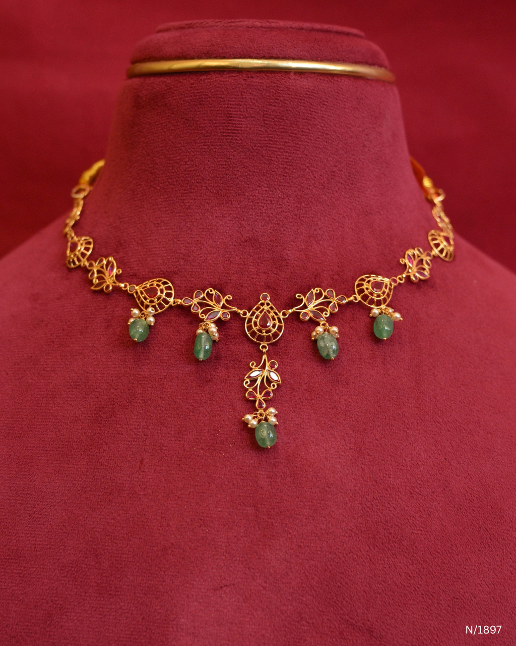 Traditional Openwork Temple Necklace with Ruby Accents & Green Emerald Bead Drops | SKU: N/1897