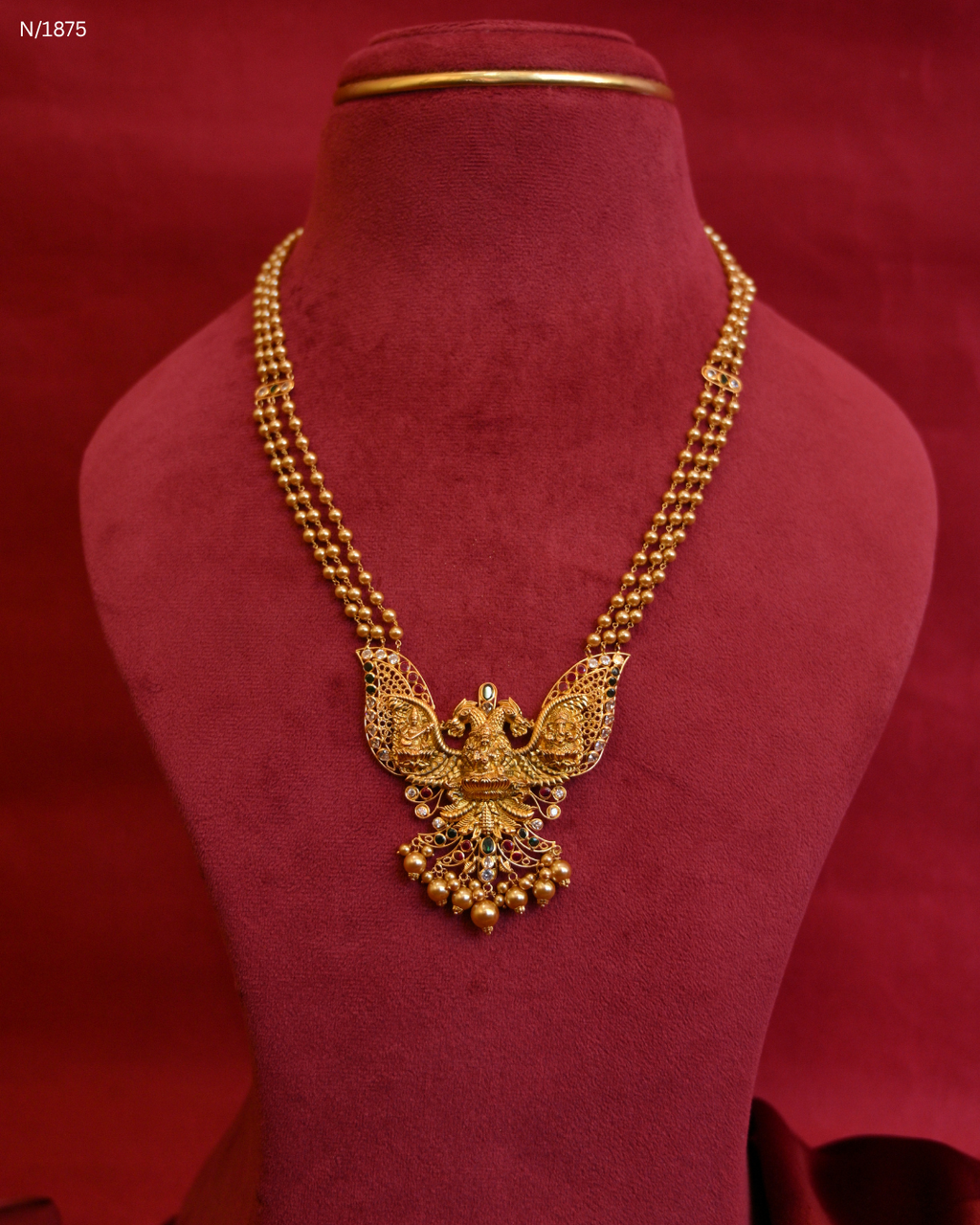 Traditional Triple-Layered Ball Chain Temple Necklace with Goddess Lakshmi & Peacock Pendant | SKU: N/1875