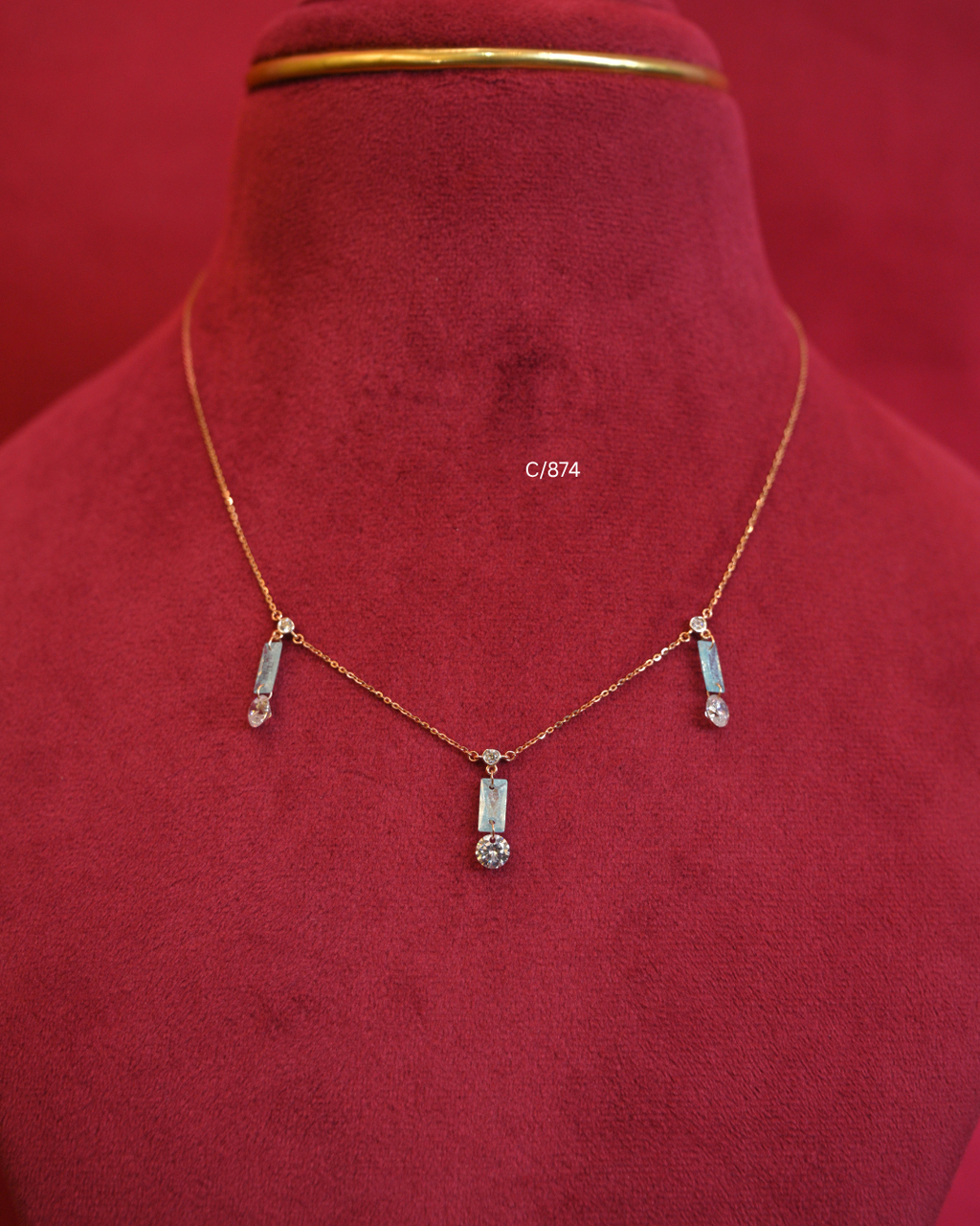 Light Blue Gemstone & CZ Geometric Triple-Drop Station Necklace | SKU: C/874