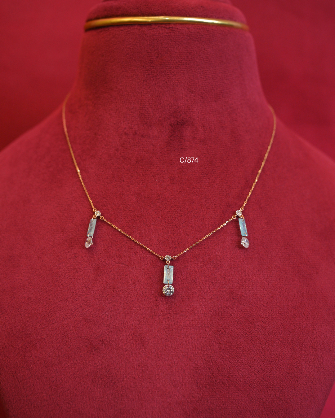 Light Blue Gemstone & CZ Geometric Triple-Drop Station Necklace | SKU: C/874
