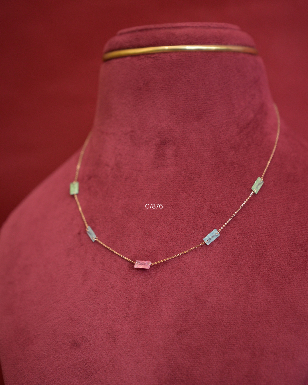 Multi-Color Pastel Baguette Gemstone Station Necklace |SKU: C/876