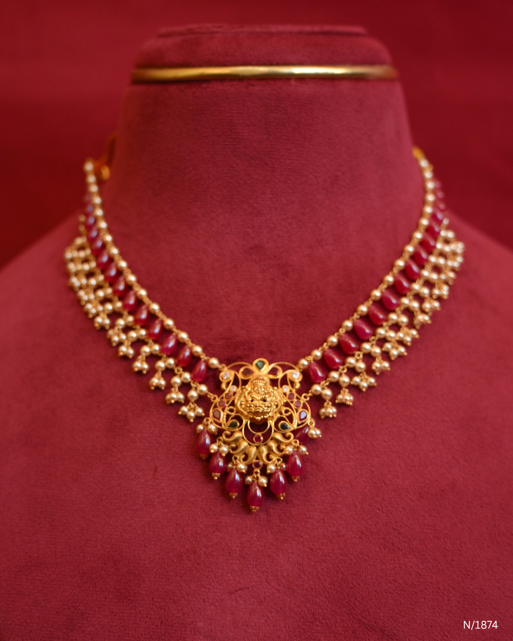 Traditional Goddess Lakshmi Temple Choker with Ruby Beads & Pearl Clusters | SKU: N/1874