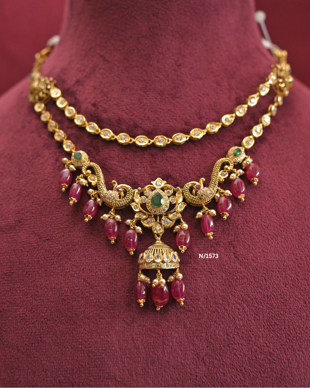 22kt Gold Peacock & Jhumka Step Necklace with Ruby Ovals | 21.480g | SKU: N/1573