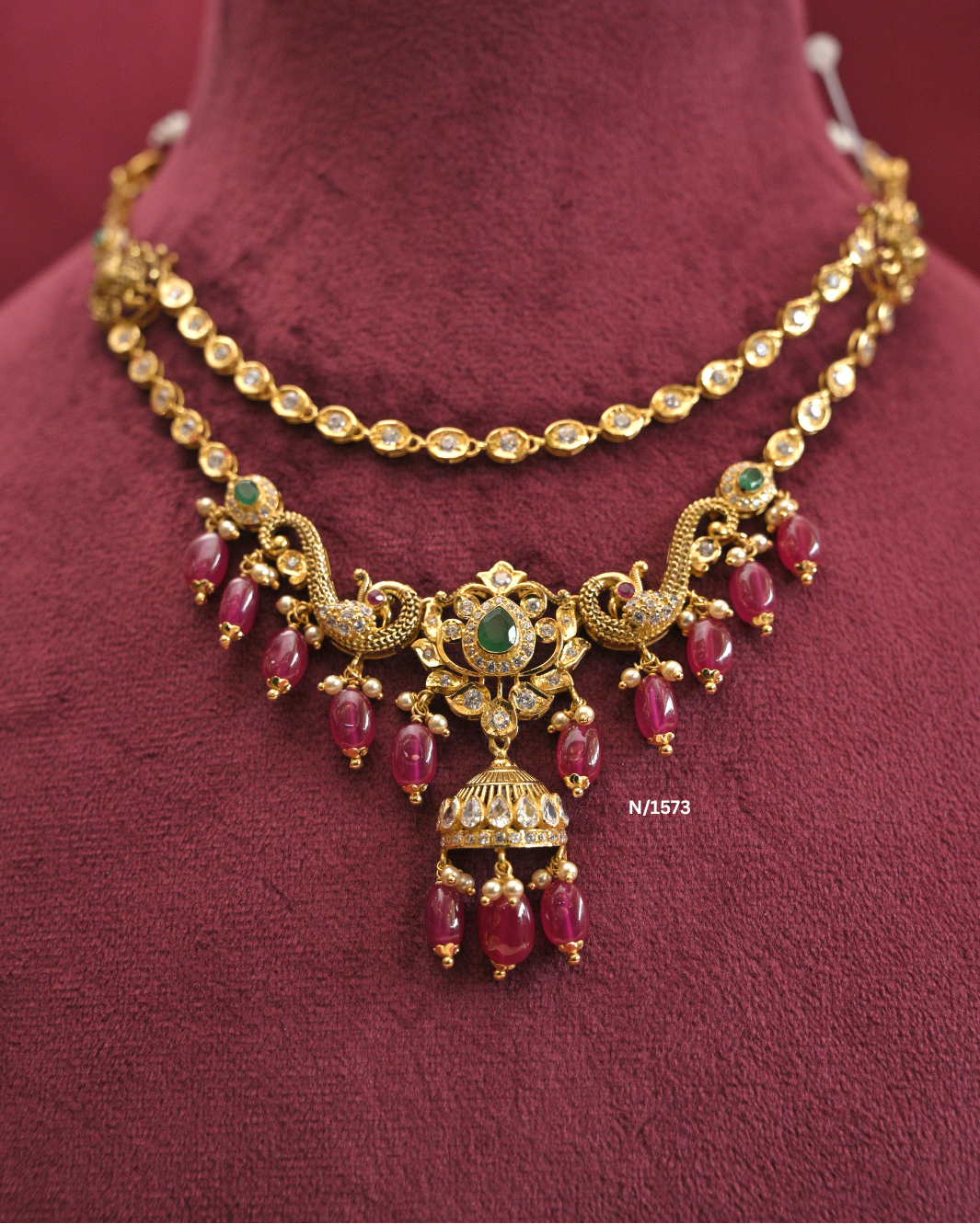 22kt Gold Peacock & Jhumka Step Necklace with Ruby Ovals | 21.480g | SKU: N/1573