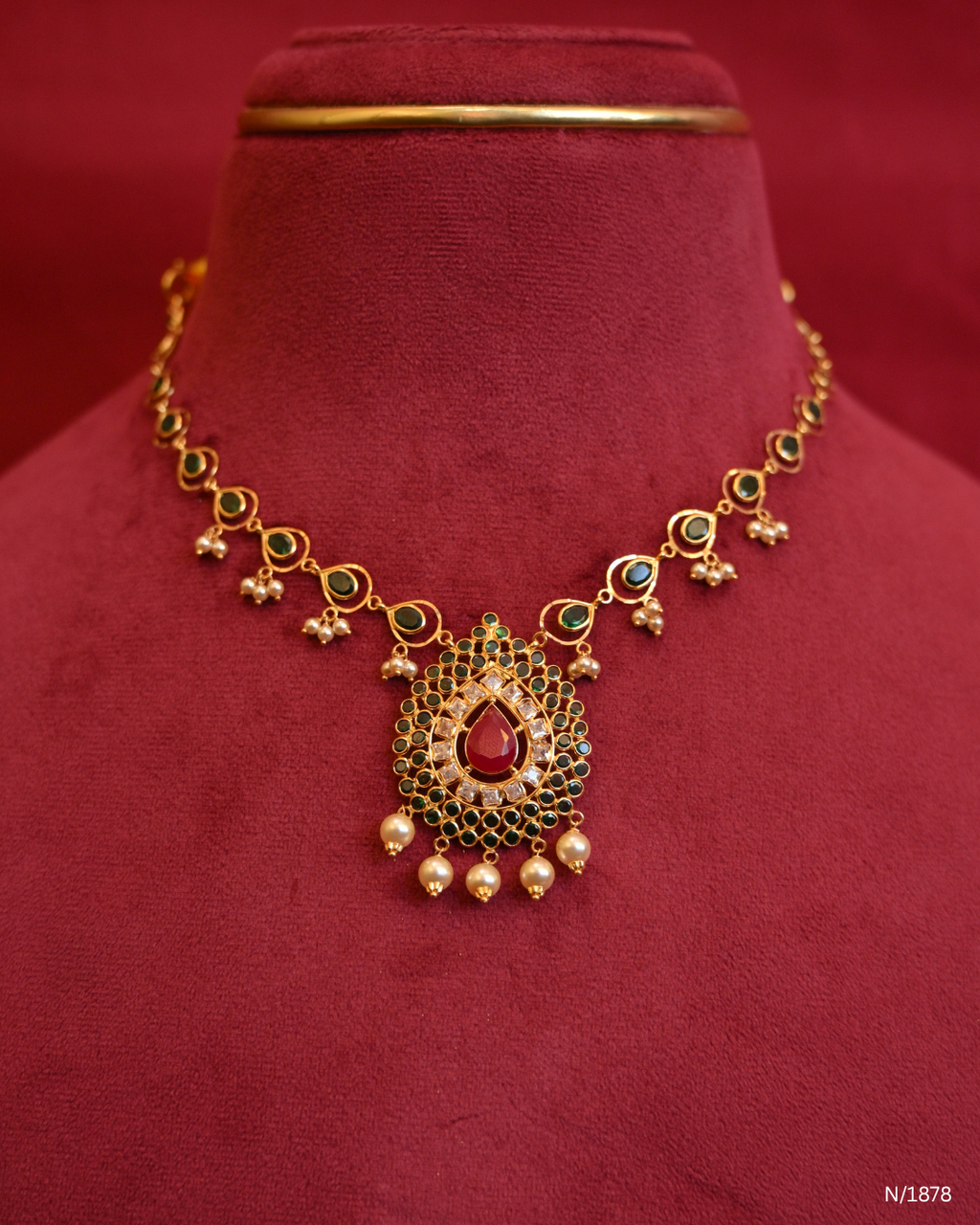 Emerald Cabochon Station Necklace with Teardrop Ruby & CZ Medallion | SKU: N/1878