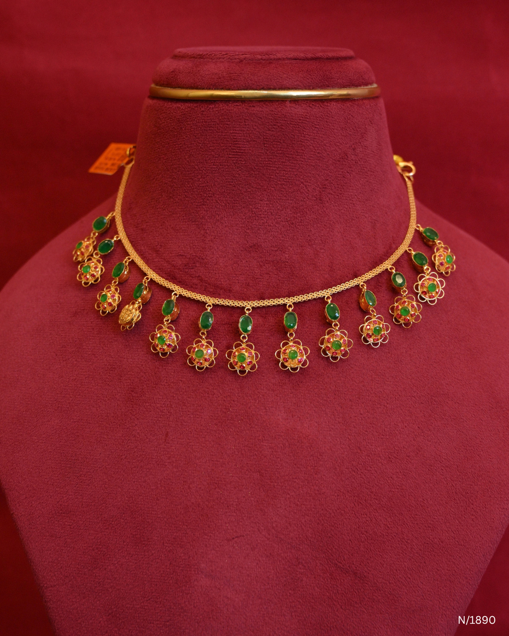 Traditional Emerald Station & Floral Ruby Cluster Dangle Choker Necklace | SKU: N/1890