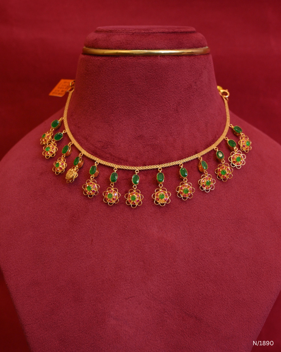 Traditional Emerald Station & Floral Ruby Cluster Dangle Choker Necklace | SKU: N/1890