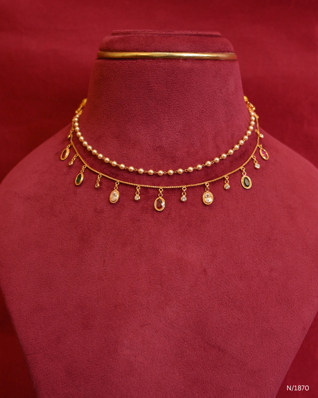 Double-Strand Pearl & Gemstone Drop Dangle Choker Necklace | SKU: N/1870