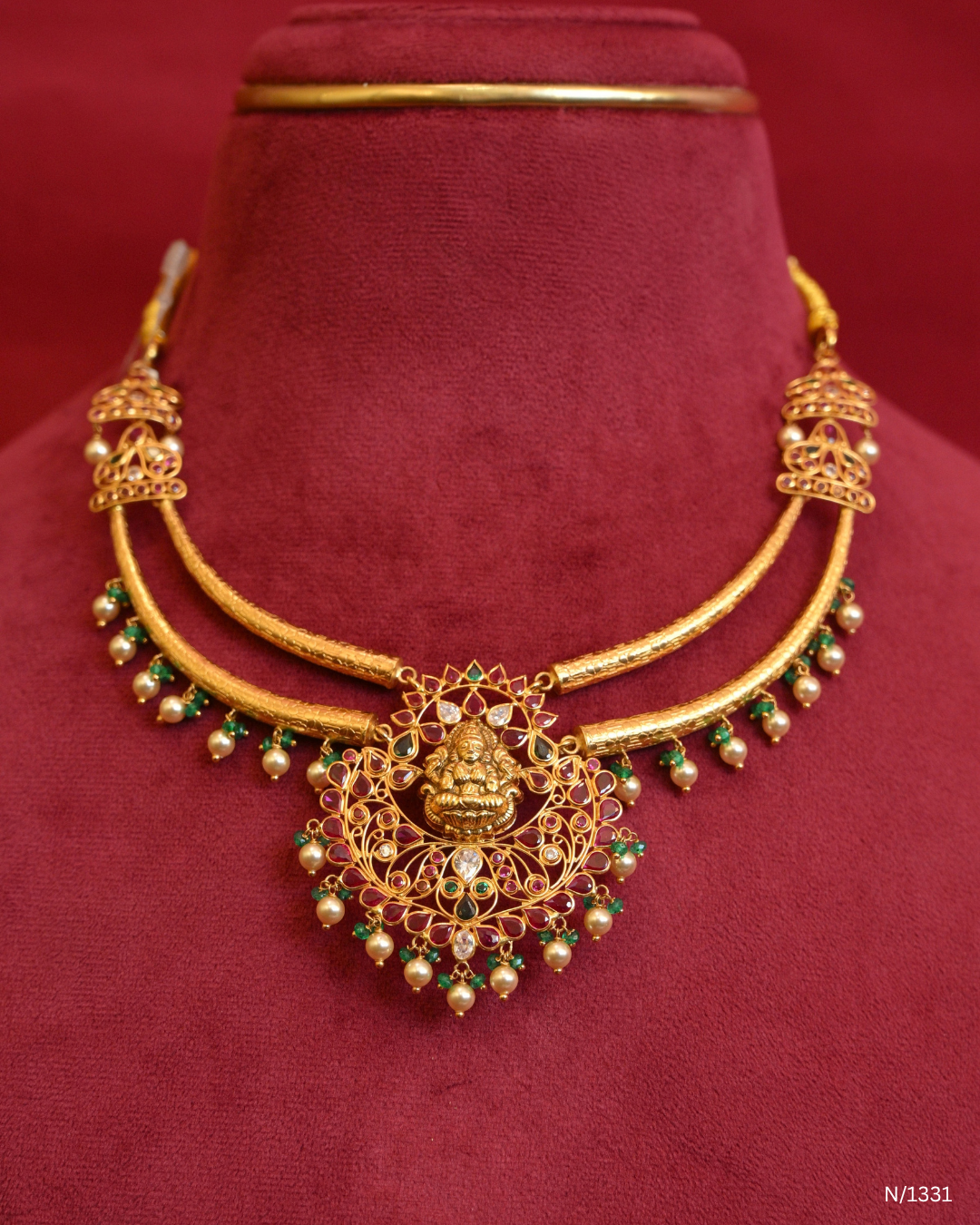 Lakshmi Temple Motif Kanti with Rubies, Emeralds & Pearl Fringes | SKU: N/1331