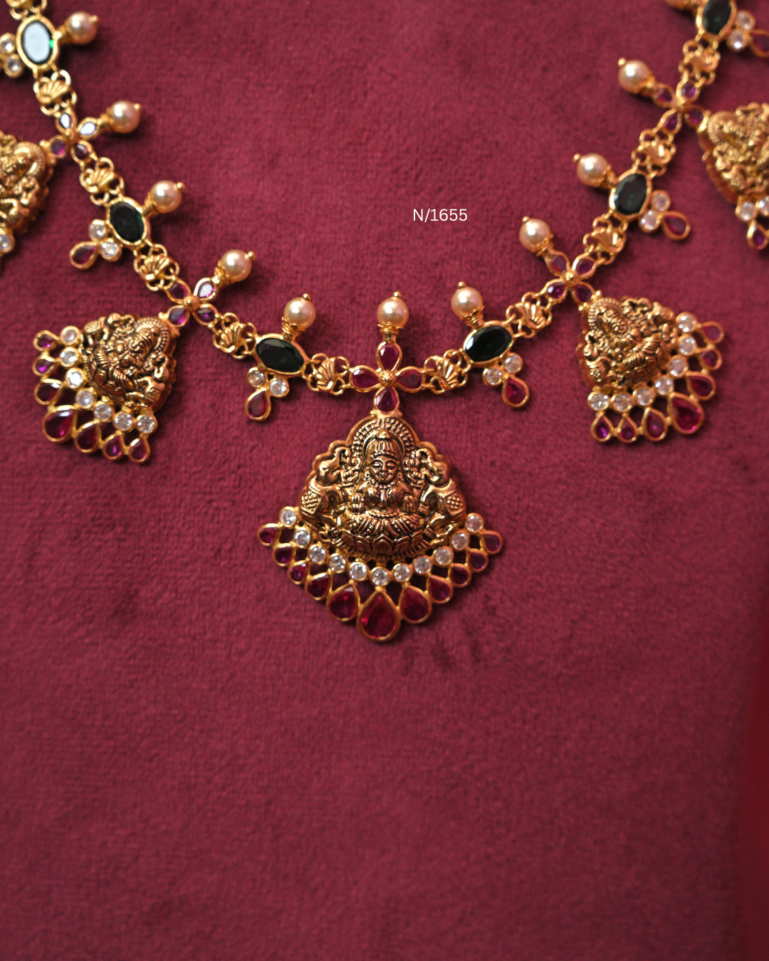 Lakshmi Nakshi Cascading Temple Haram with Emerald Stations & Ruby Fringe | SKU: N/1655