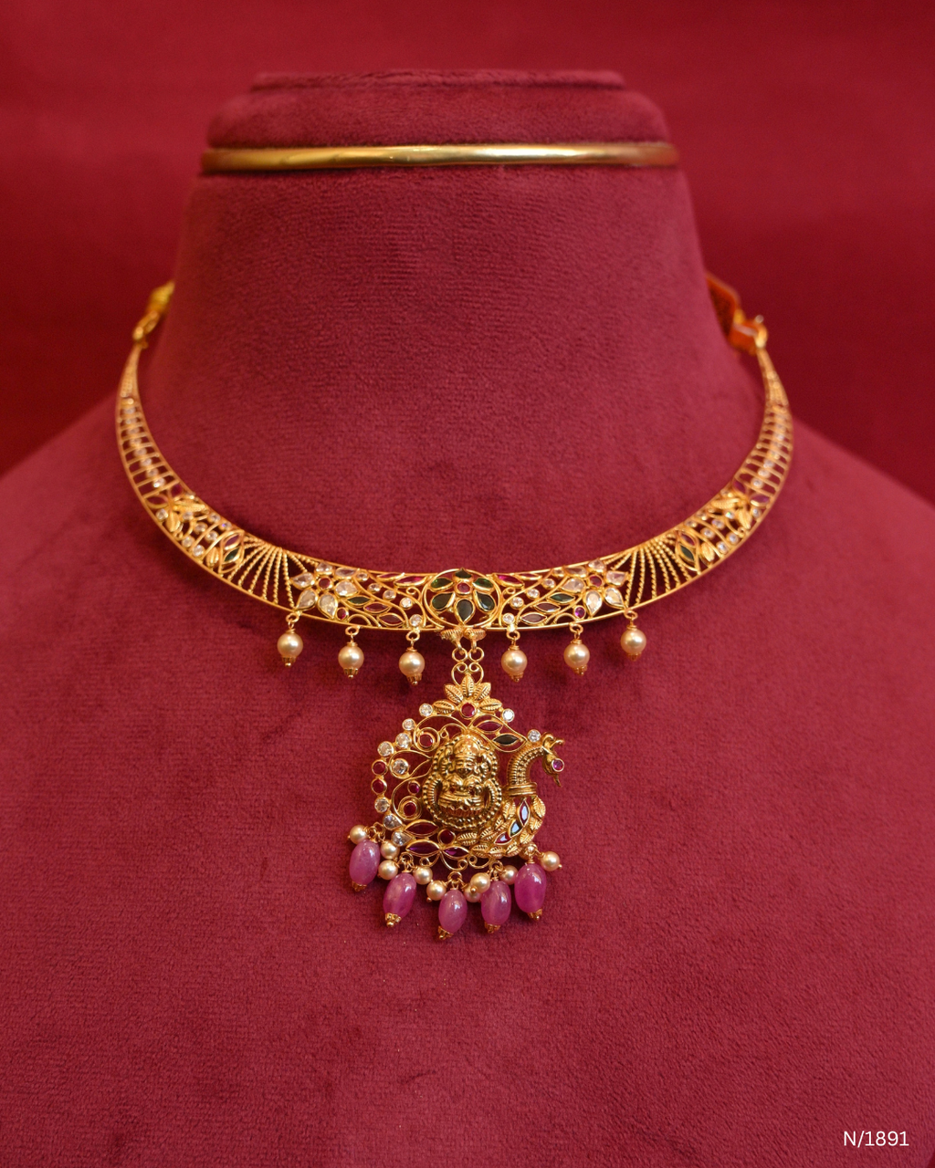 Goddess Lakshmi & Peacock Openwork Temple Choker Necklace with Pink Bead Drops | SKU: N/1891