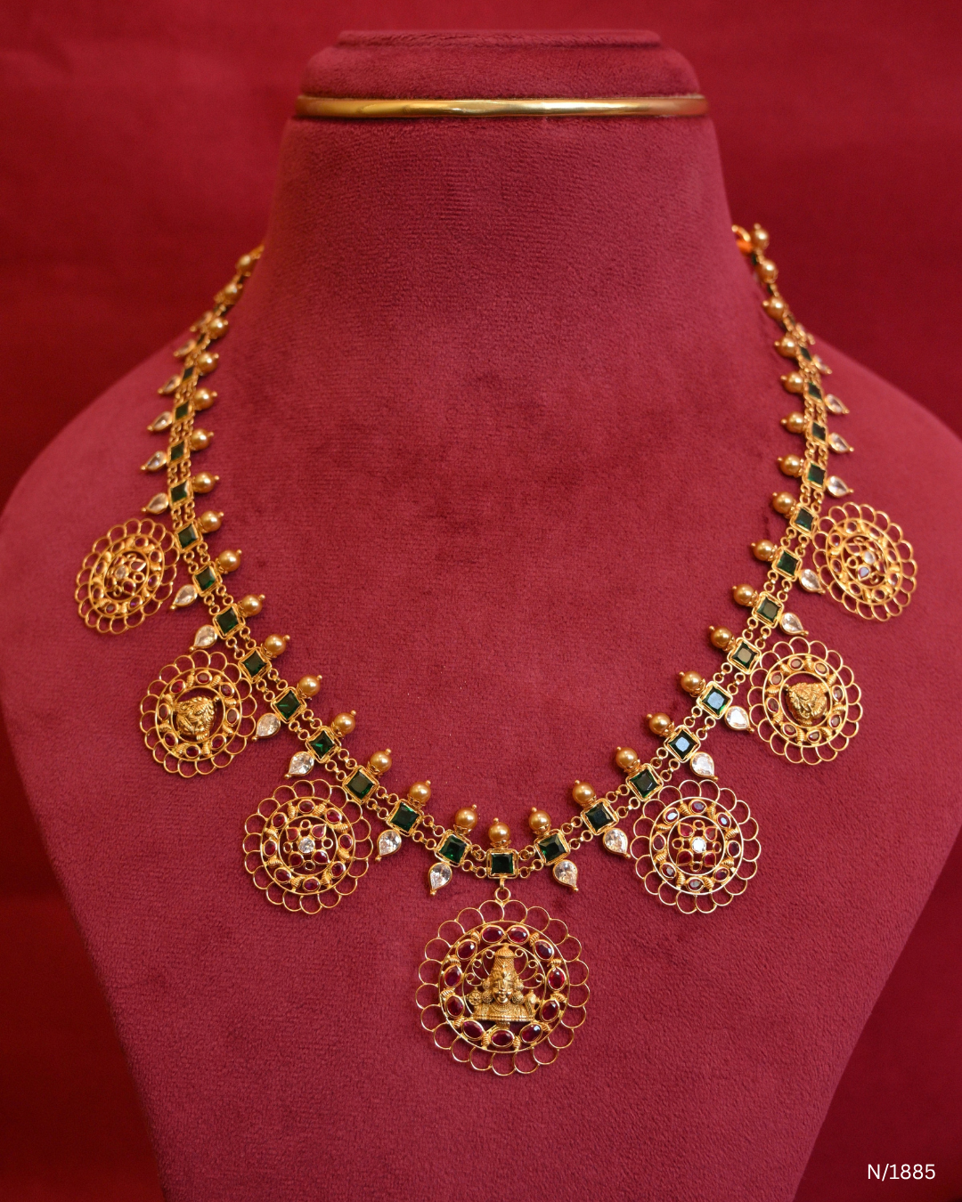 Goddess Lakshmi Temple Haram with Square Emerald Stations & Ruby-Studded Filigree Medallions | SKU: N/1885