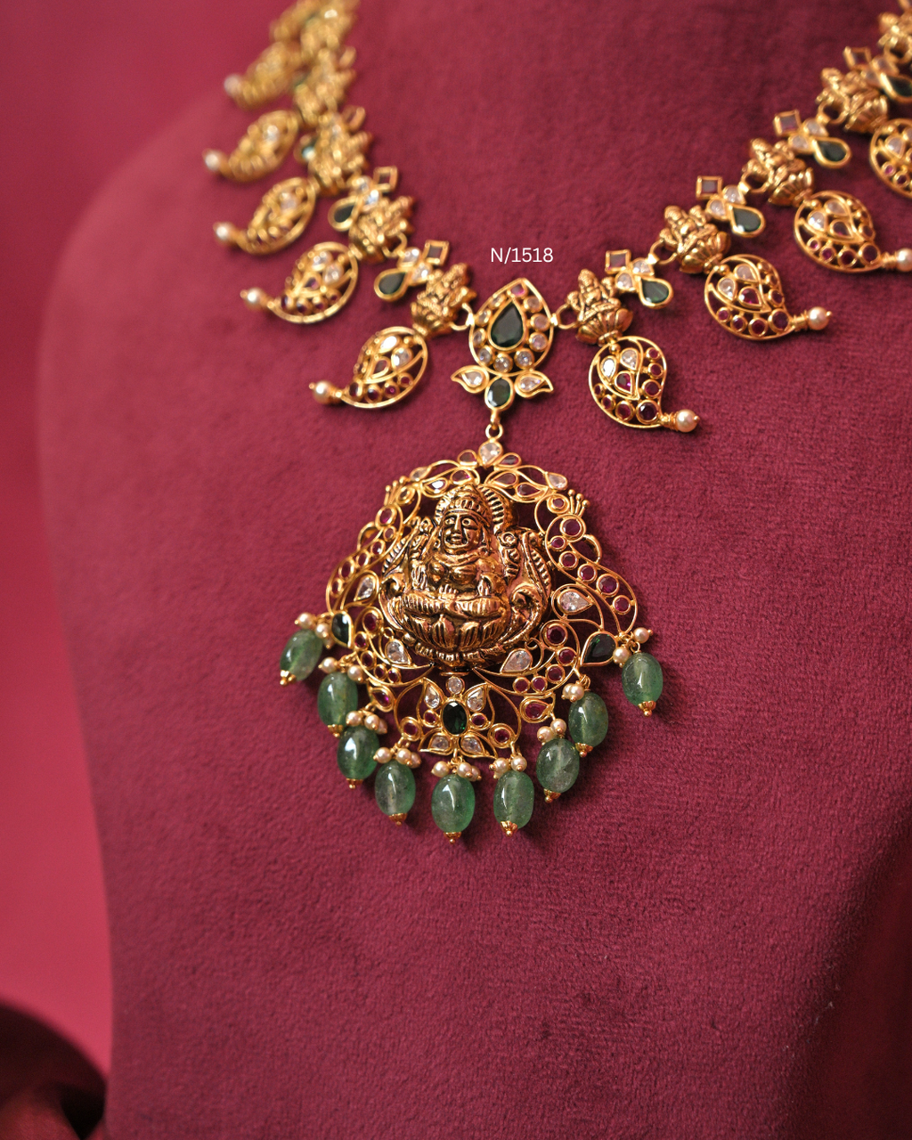 Lakshmi Nakshi Temple Pendant Mango Mala Necklace with Rubies, Emeralds & Tumbled Bead Drops | SKU: N/1518