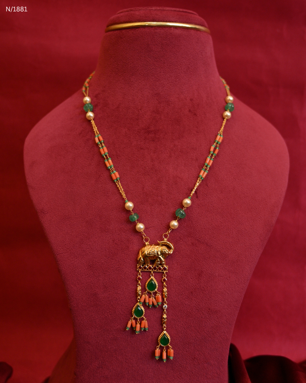 Royal Elephant Motif Coral & Emerald Beaded Station Tassel Y-Necklace | SKU: N/1881