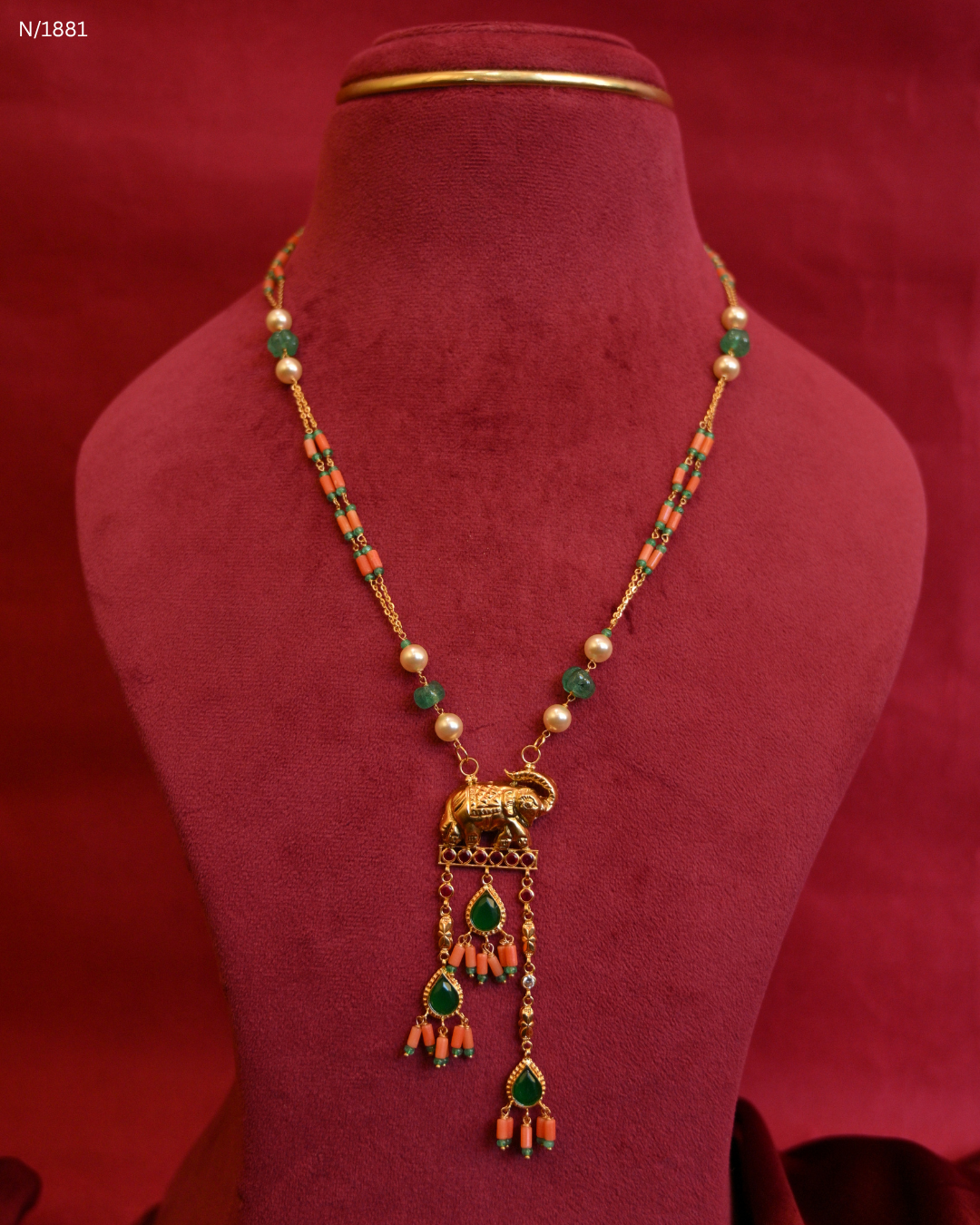 Royal Elephant Motif Coral & Emerald Beaded Station Tassel Y-Necklace | SKU: N/1881
