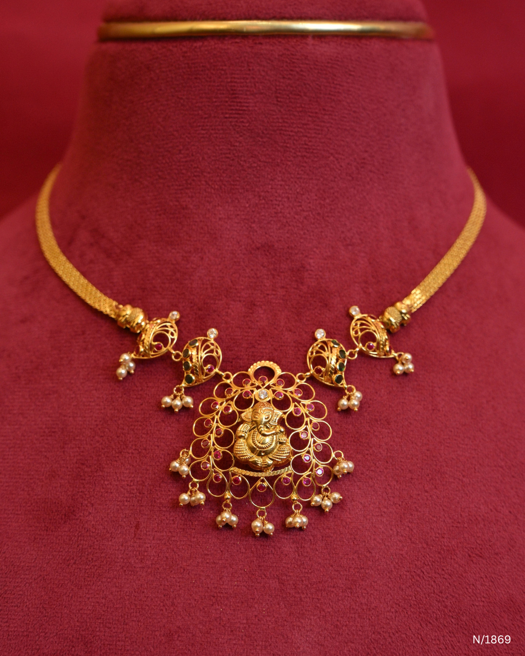 Lord Ganesha Openwork Temple Necklace with Ruby Accents & Seed Pearl Drops | SKU: N/1869