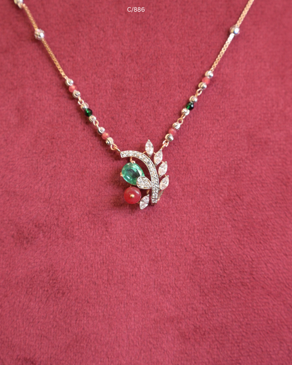 Beaded Station Necklace with Emerald Accent, Red Drop & CZ Leaf Branch Pendant | SKU: C/886