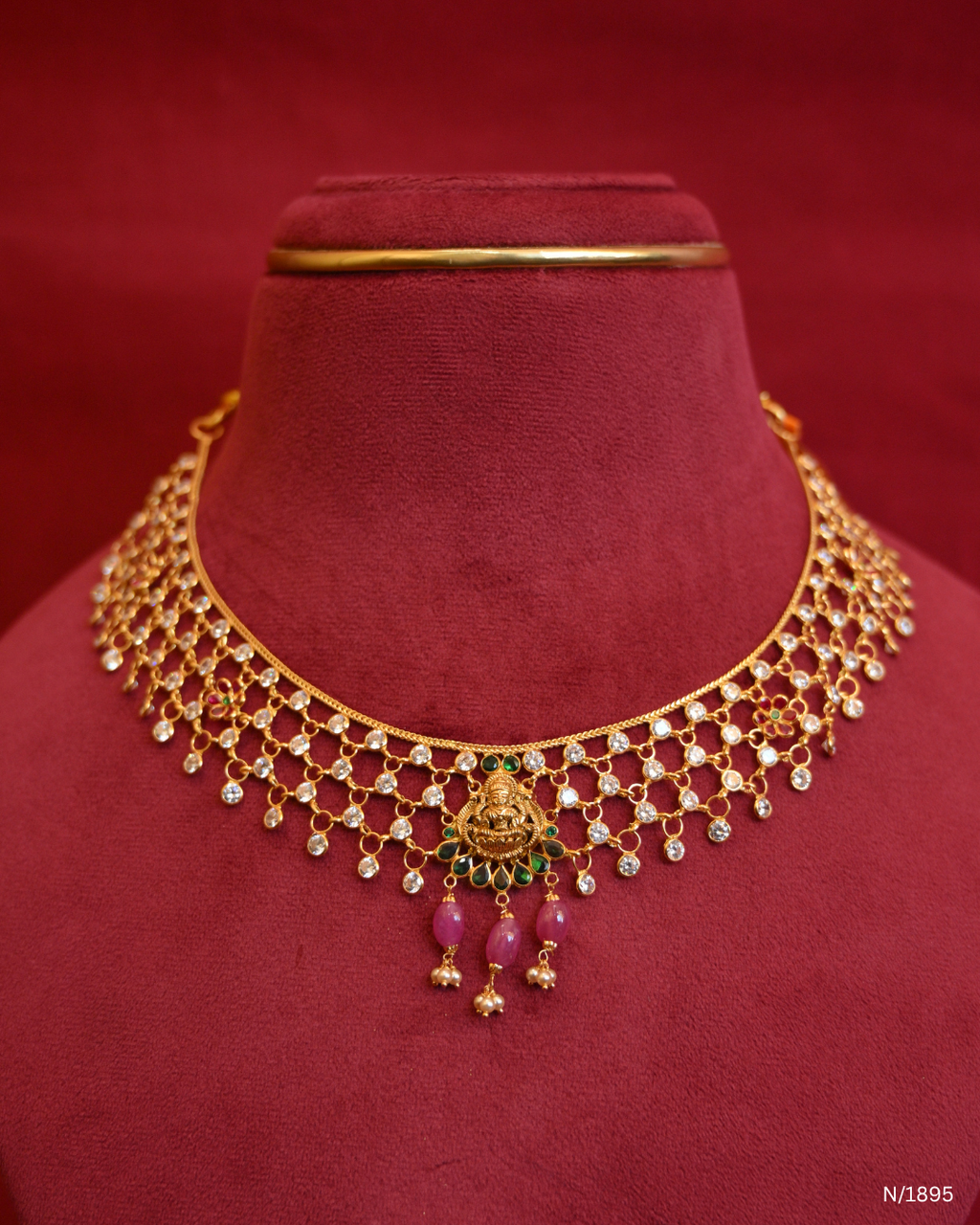 Traditional CZ Mesh Openwork Temple Choker with Goddess Lakshmi & Ruby Bead Drops | SKU: N/1895