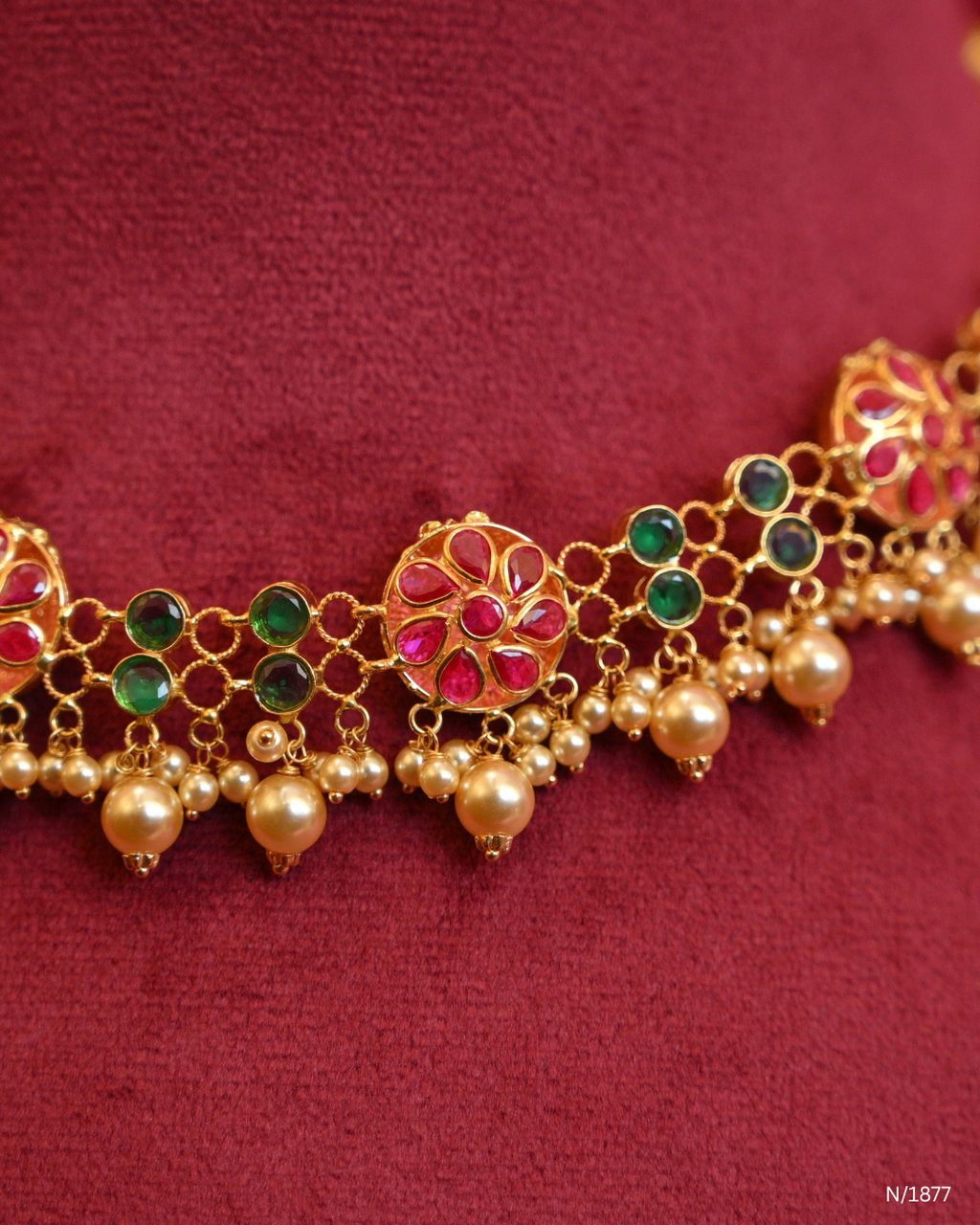 Goddess Lakshmi & Ruby Cabochon Temple Choker Necklace with Pearl Drops | SKU: N/1877