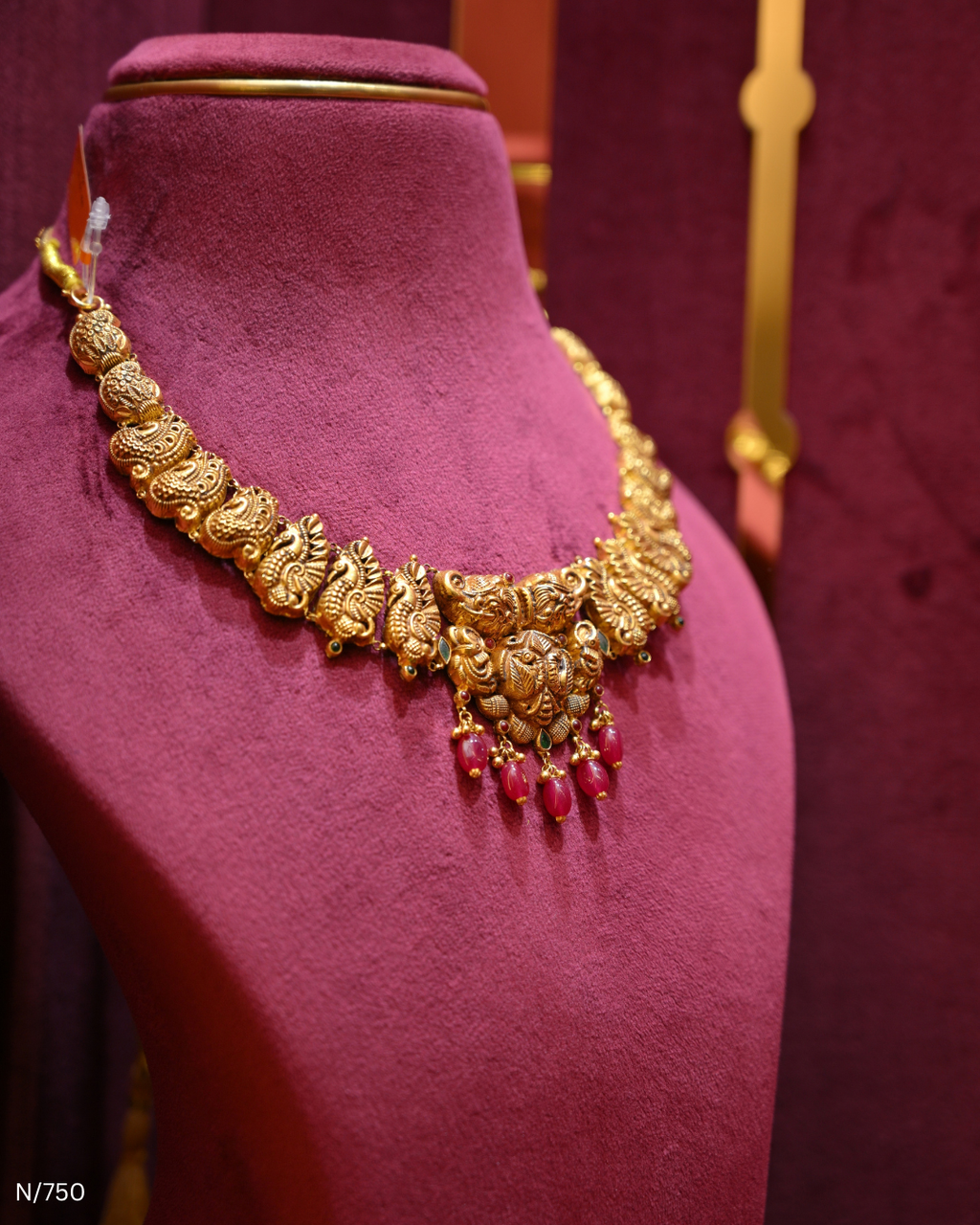 Antique Gold Temple Peacock & Ruby Lightweight Necklace | SKU: N/750