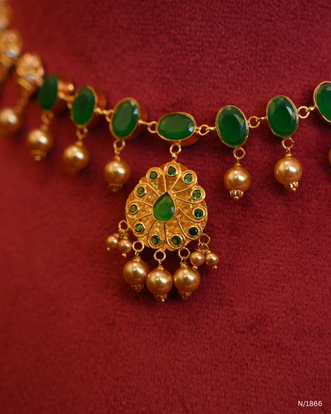 Traditional Ruby Kasu Temple Choker Necklace with Gold Bead Dangles | SKU: N/1866