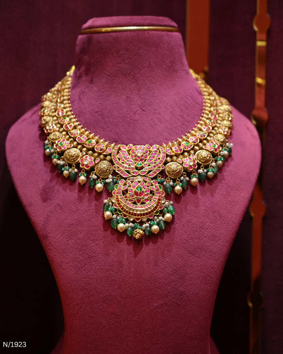 Polki, Ruby, Emerald & Pearl Bridal Statement Necklace | SKU: N/1923