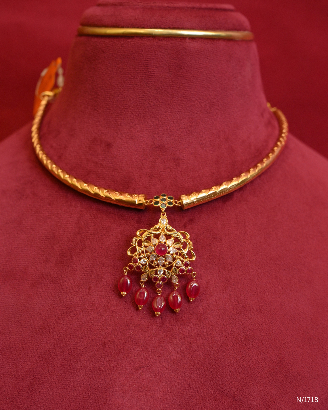 Floral Filigree Pendant Kanti with Rubies & Ruby Bead Drops | SKU: N/1718