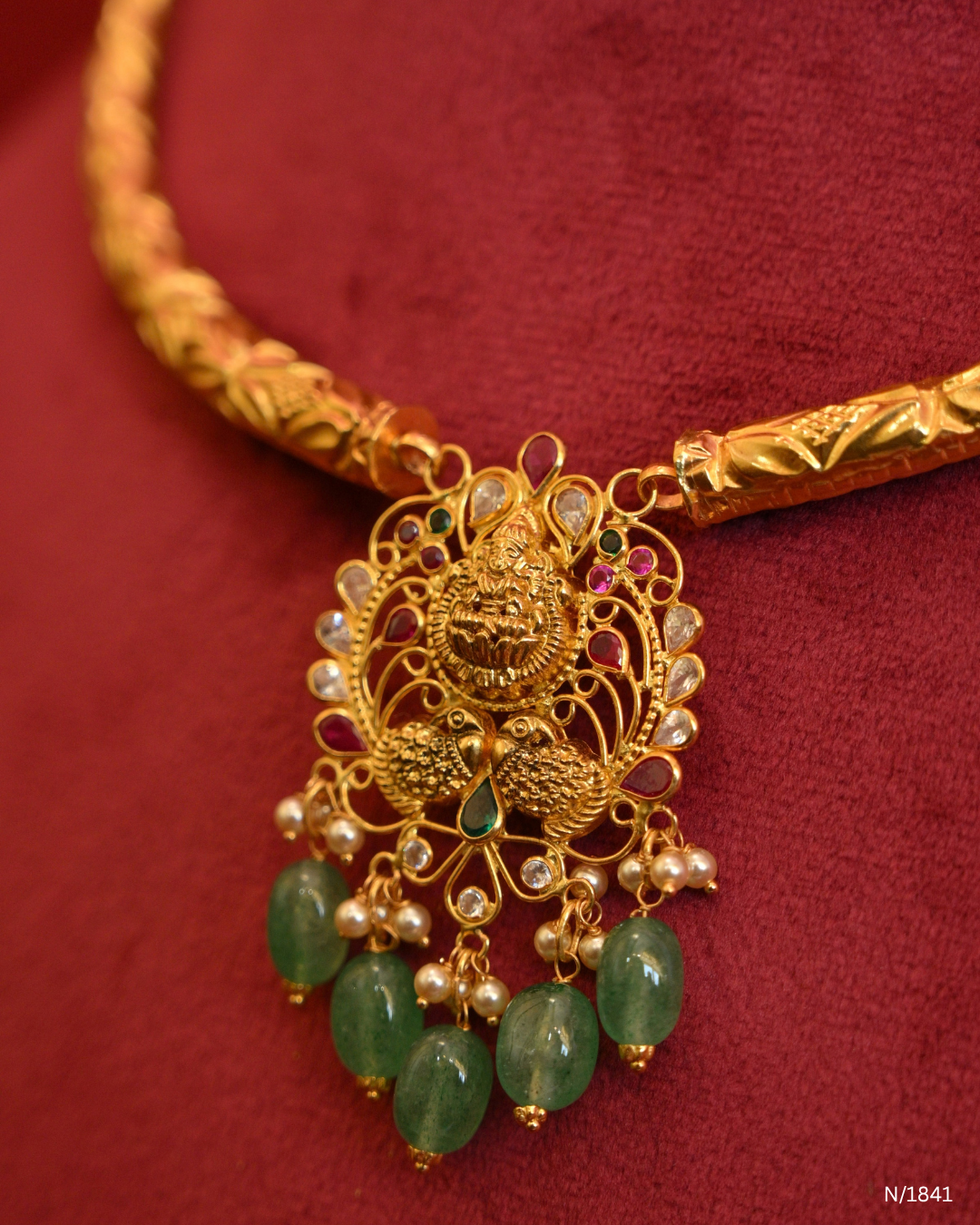 Temple Motif Openwork Pendant Kanti with Green Emerald Bead Drops | SKU: N/1841