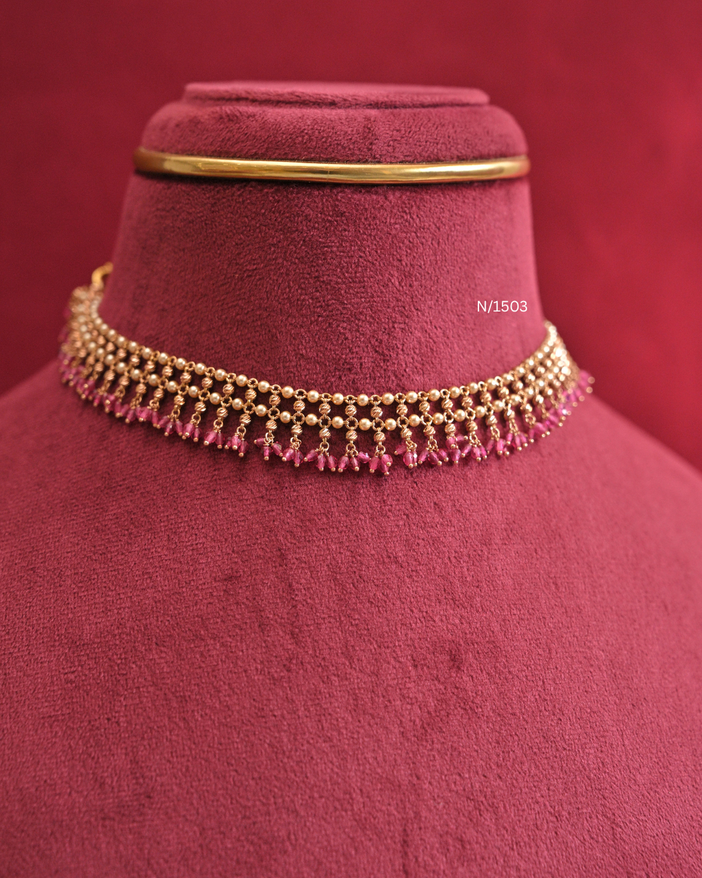 Granulation Bead Mesh & Crimson Pink Gemstone Cluster Fringe Necklace | SKU: N/1503